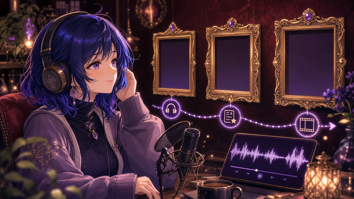 ヘッドホンをつけた青い髪のオリジナル女性キャラクターが額縁の並ぶ部屋で音源を確認するイメージ