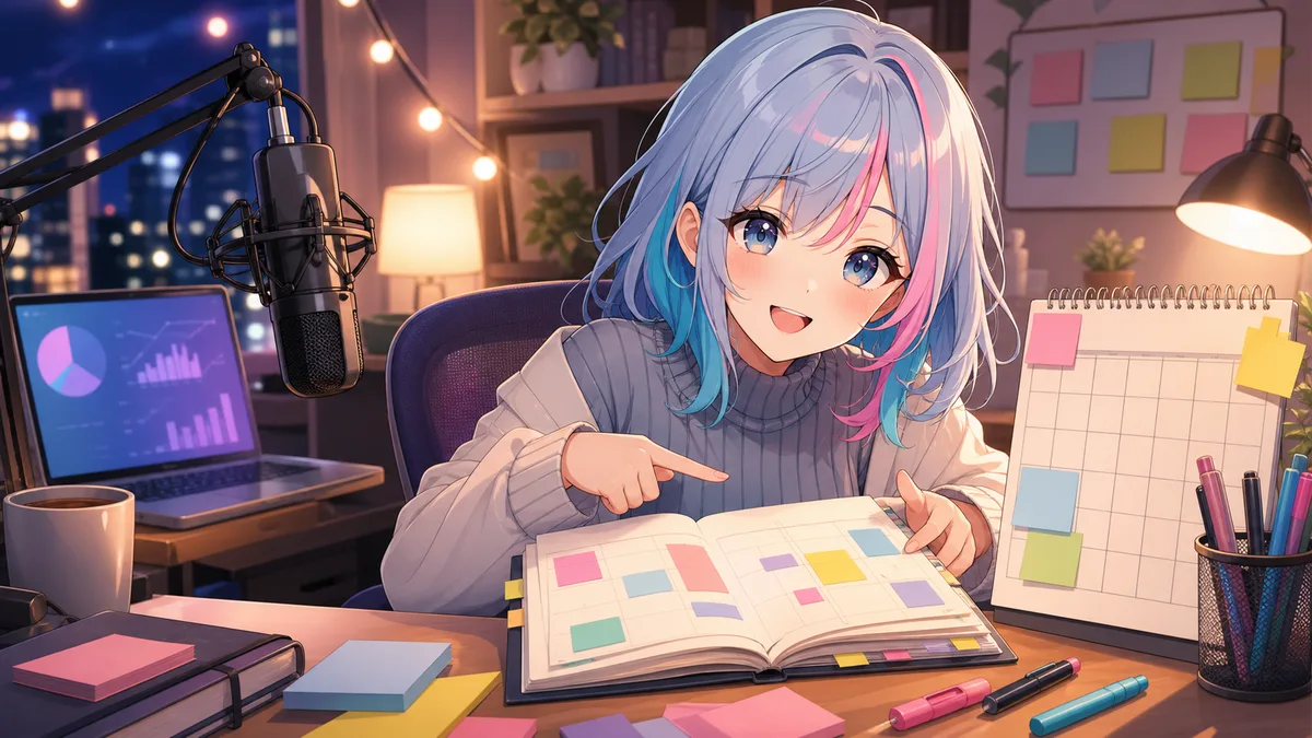 深夜の配信部屋でマイクと予定帳を前に説明する青い髪の女性キャラクターのイメージ