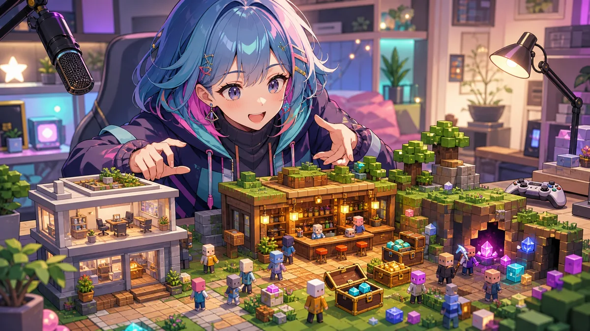 ブロックの街ジオラマに事務所や居酒屋風の小部屋を置いて計画する青い髪の女性キャラクターのイメージ