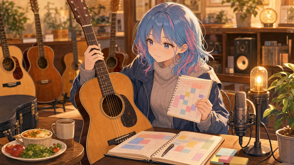 楽器店の机でアコースティックギターと予定帳を見比べる青い髪の女性キャラクターのイメージ