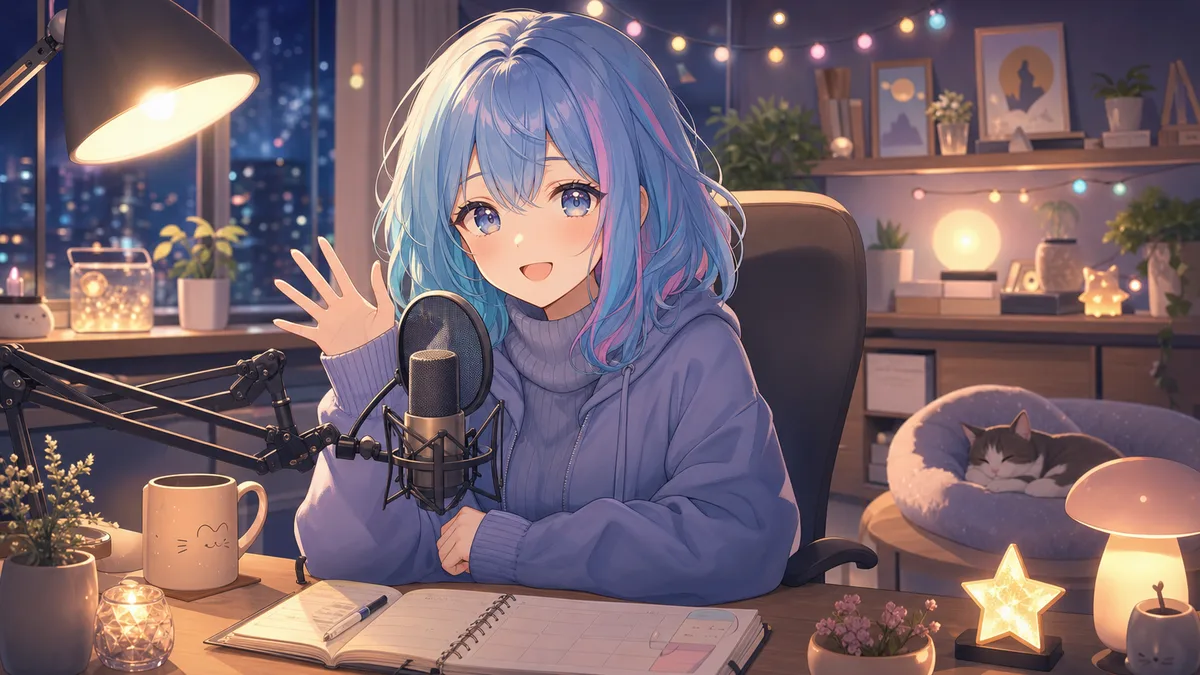 深夜の配信部屋でマイクの前から手を振り奥に猫用ベッドがある青い髪の女性キャラクターのイメージ