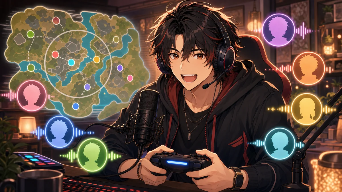 明るい配信部屋で男性キャラクターがゲーム画面と通話UIを同時に見ているイメージ