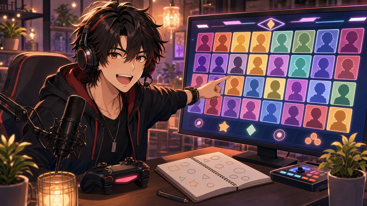 格闘ゲームの抽象UIを見ながらキャラクター選びを相談する配信イメージ