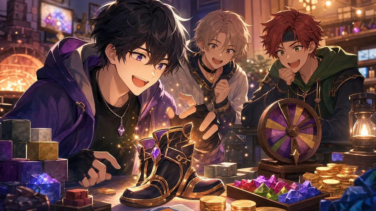装備更新に盛り上がる配信者パーティー風のオリジナル男性キャラクターたちのイメージ