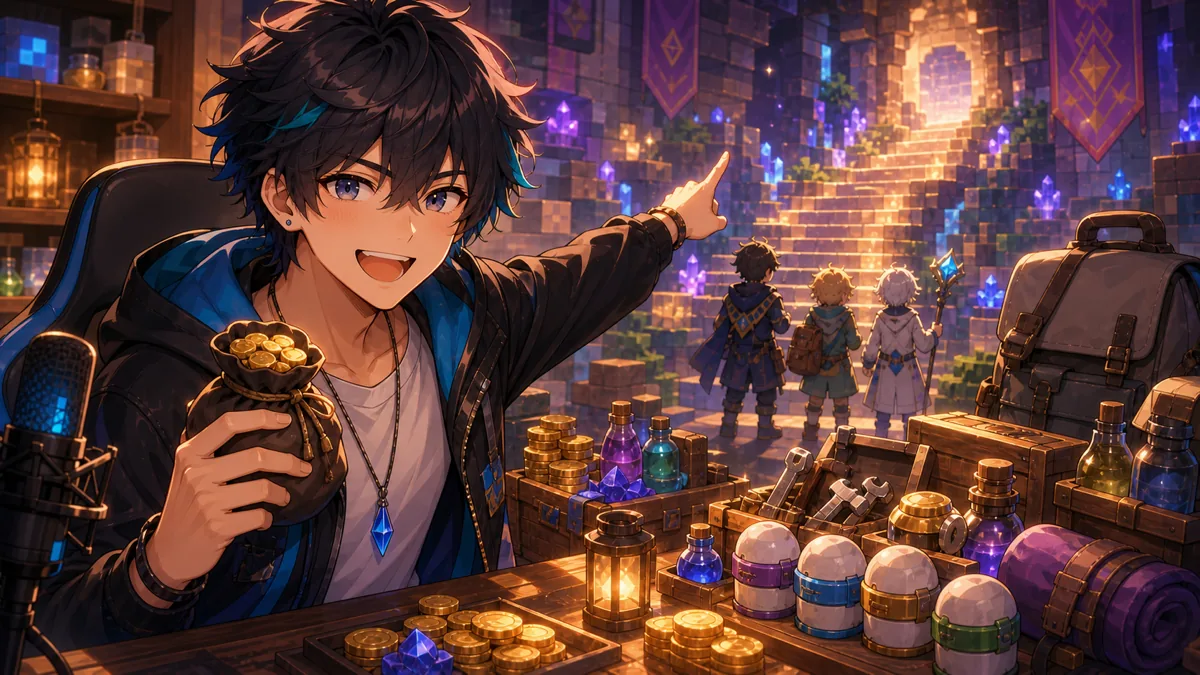 手榴弾と資材を集めて5層攻略へ向かうオリジナル男性キャラクターのイメージ