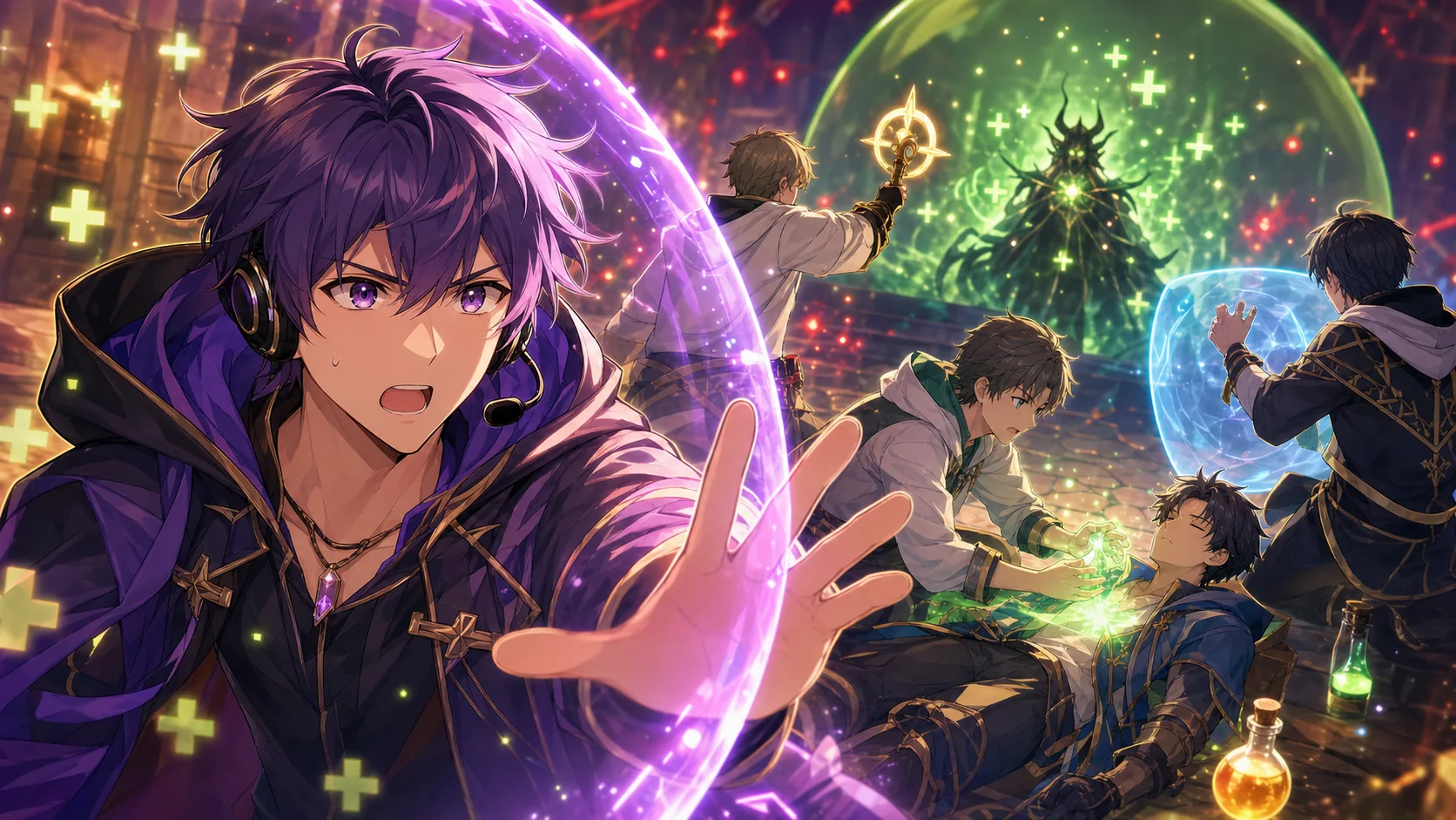 超回復ボス戦で回復の光と爆発条件を探るオリジナル男性キャラクターたちのイメージ