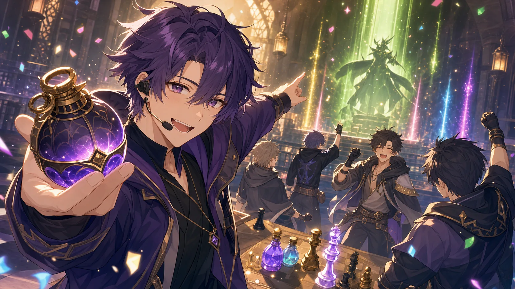 グレと火力が噛み合う終盤のボス戦を明るく描くオリジナル男性キャラクターたちのイメージ