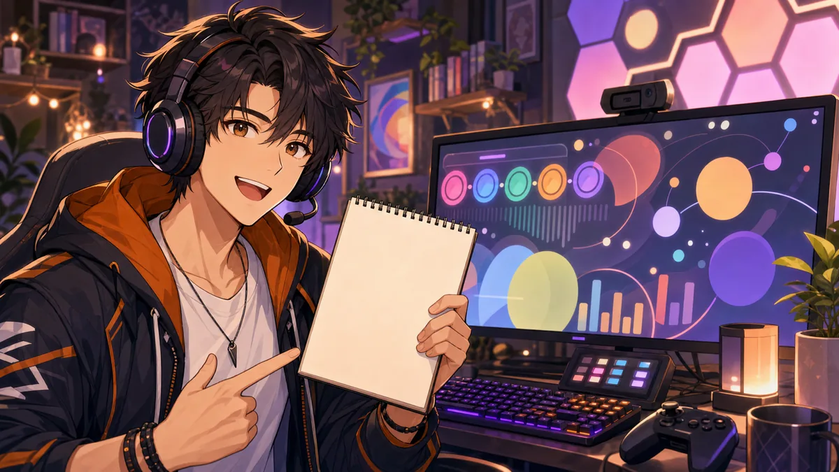 明るいゲーム配信スタジオで男性キャラクターが試合リプレイとメモを見ながら笑っているイメージ