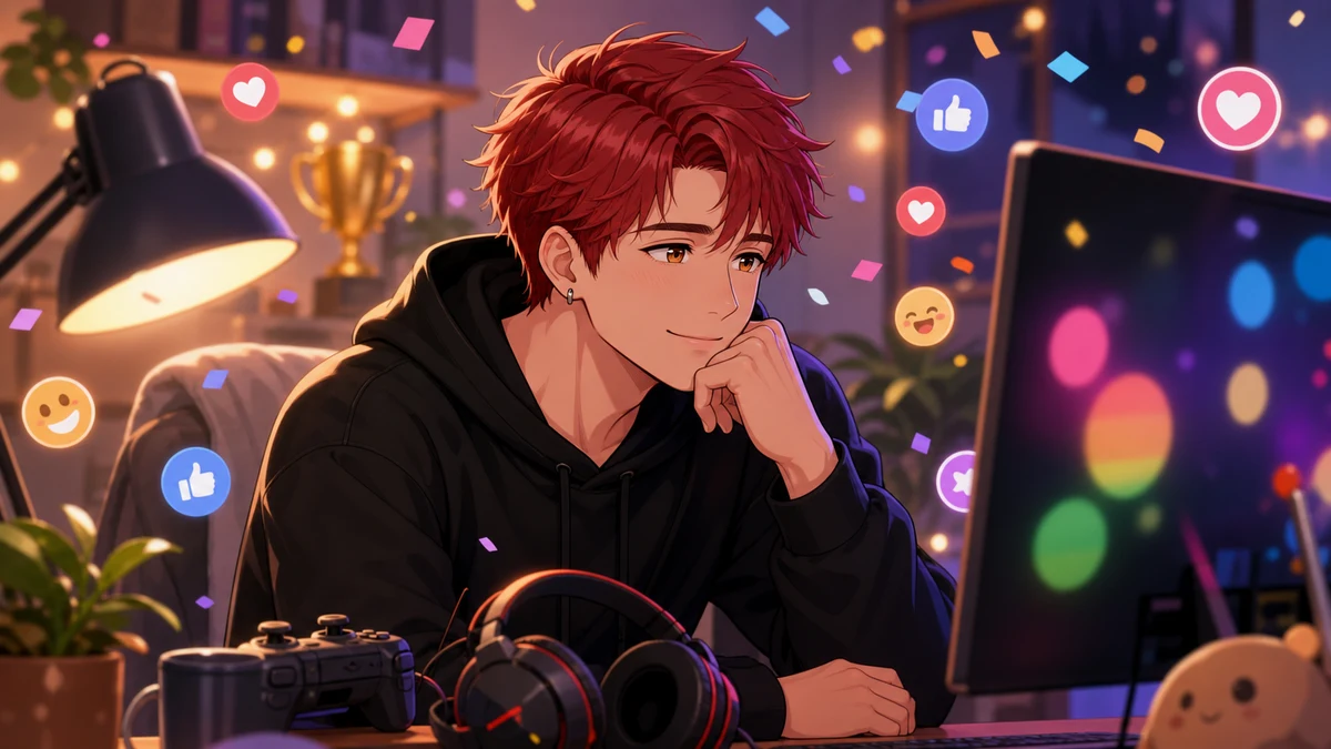 配信部屋で大会後のモニターを見ながら笑う男性キャラクターのイメージ