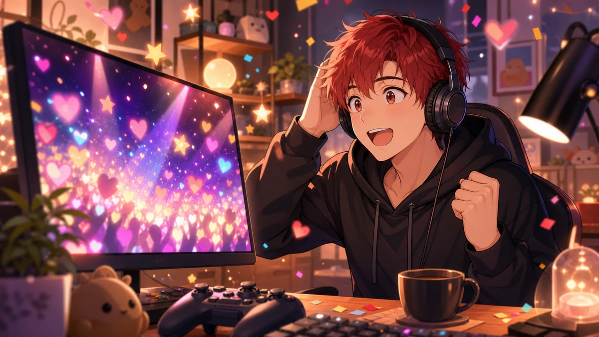 イベント会場の光を想像しながらモニター前で驚く男性キャラクターのイメージ