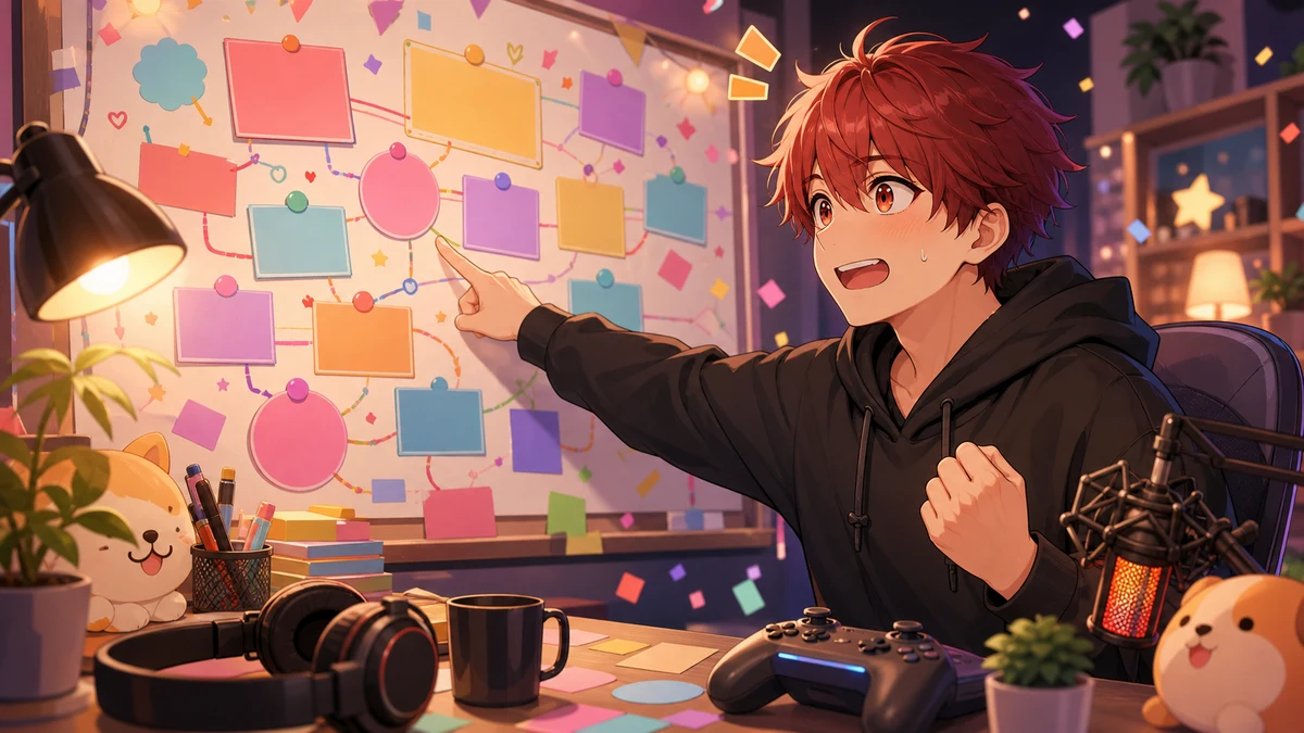 抽象的な大会表とゲームコントローラーを前に作戦を考える男性キャラクターのイメージ