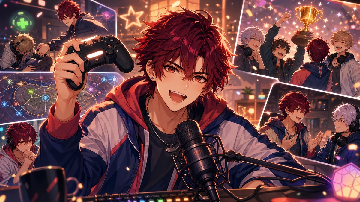 表彰ライトの中でゲームパッドを掲げる男性キャラクターのイメージ