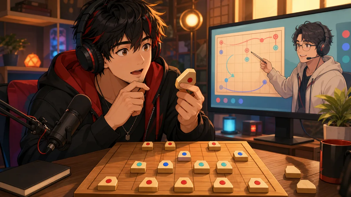将棋盤を囲んで戦法を学ぶ男性配信者風オリジナルキャラクターのイメージ