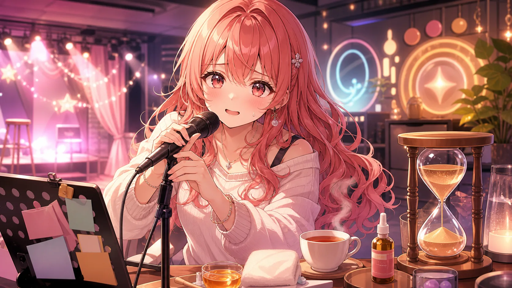 長時間歌う覚悟でマイクと譜面を整えるオリジナル女性キャラクターのイメージ
