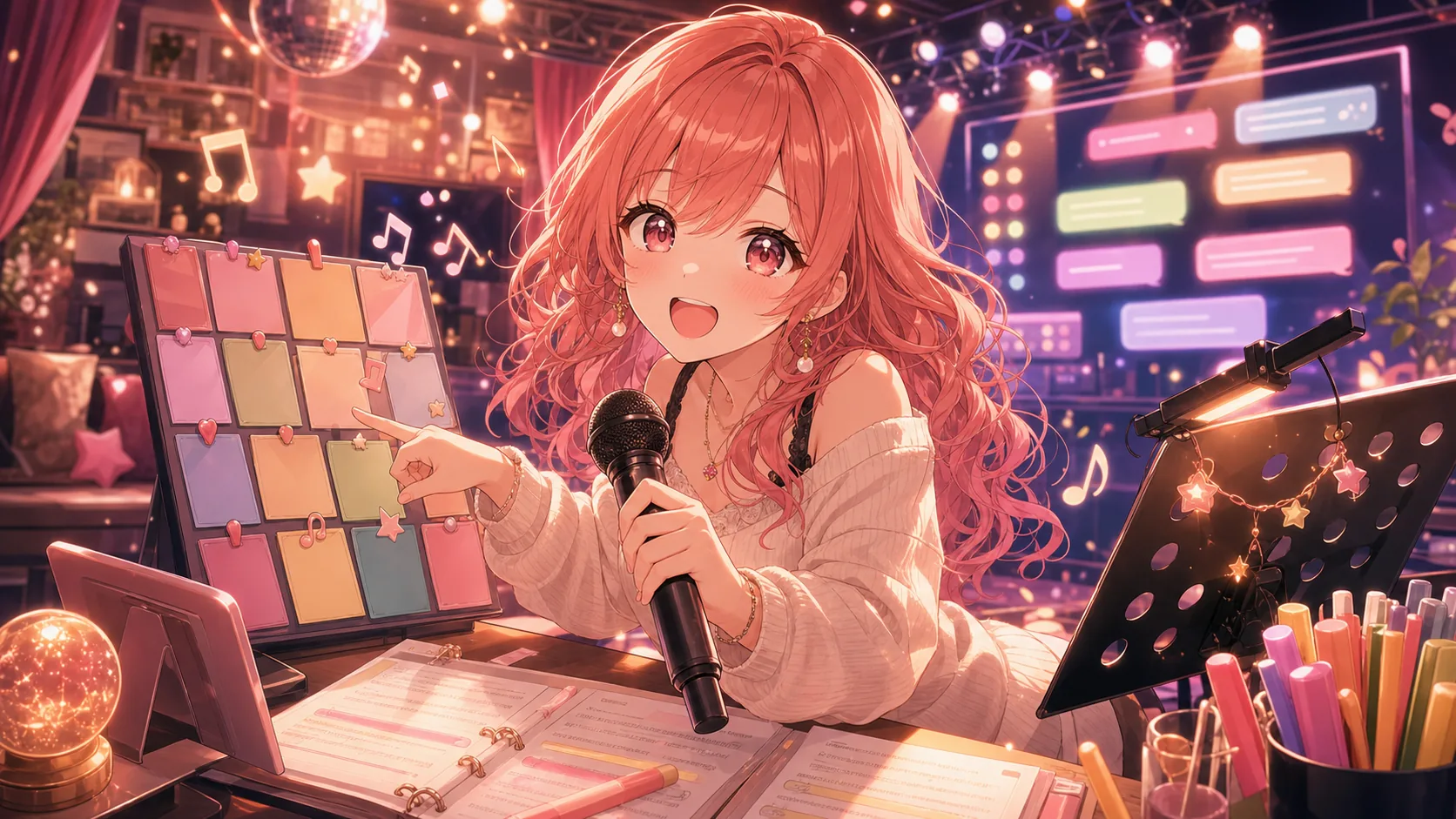 リクエストカードとマイクを前に挑戦曲へ向かうオリジナル女性キャラクターのイメージ