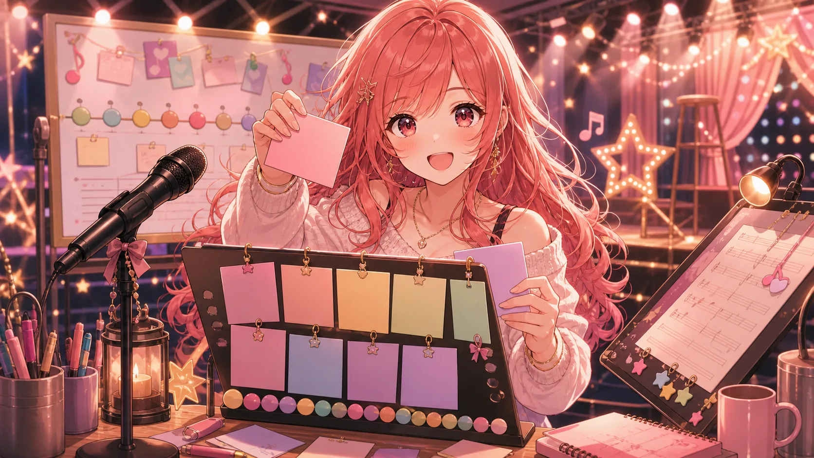 色分けされたセットリストカードと音楽小物を整理するオリジナル女性キャラクターのイメージ