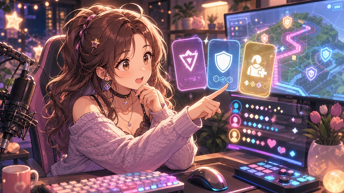 配信部屋で複数のモニターを見ながら武器アイコンを確認するオリジナル女性キャラクターのイメージ