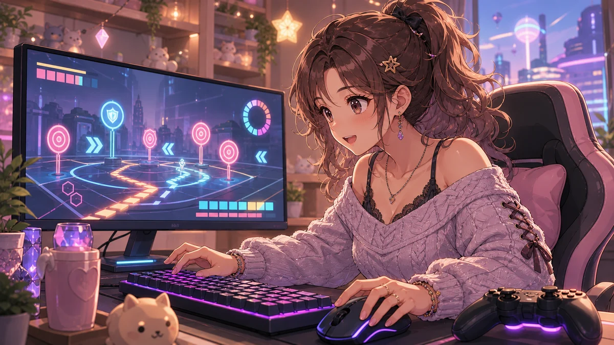 キーボードとマウスを前に照準練習をするオリジナル女性キャラクターのイメージ