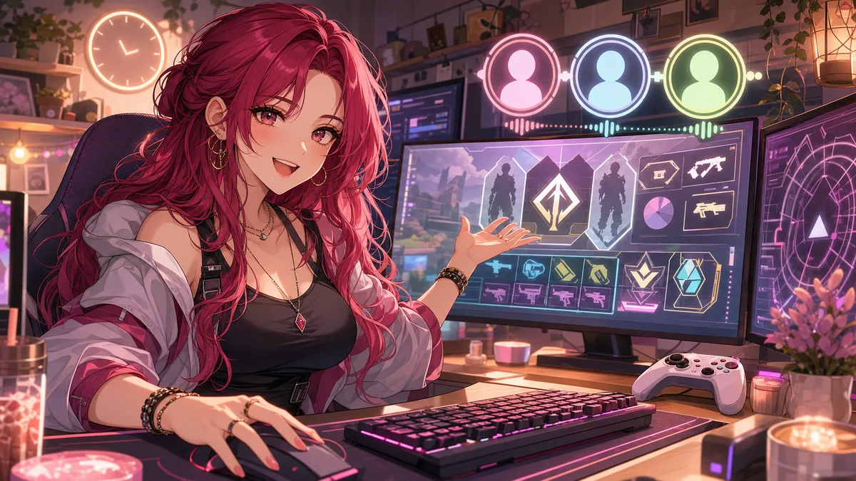配信部屋でキーボードとマウス、コントローラー、三人分の音声アイコンを前にした赤い髪のオリジナル女性キャラクターのイメージ