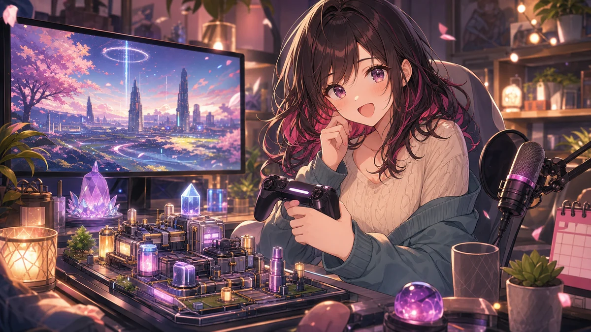 ログイン復帰と新バージョン紹介を配信部屋で確認するオリジナル女性キャラクターのイメージ