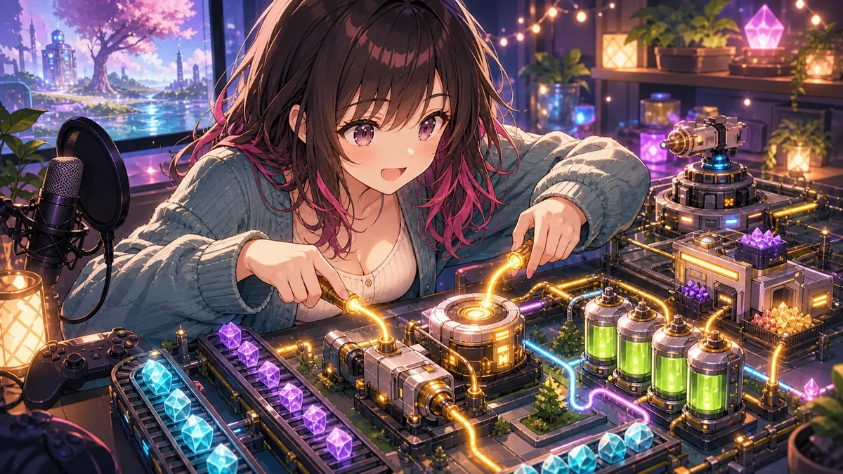 電力とバッテリーの集成工業システムを組み立てるオリジナル女性キャラクターのイメージ