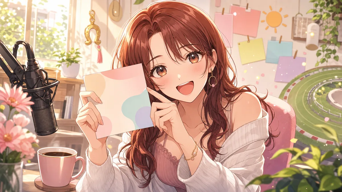 月曜朝の配信部屋で競馬の結果を見ながら笑うオリジナル女性キャラクターのイメージ