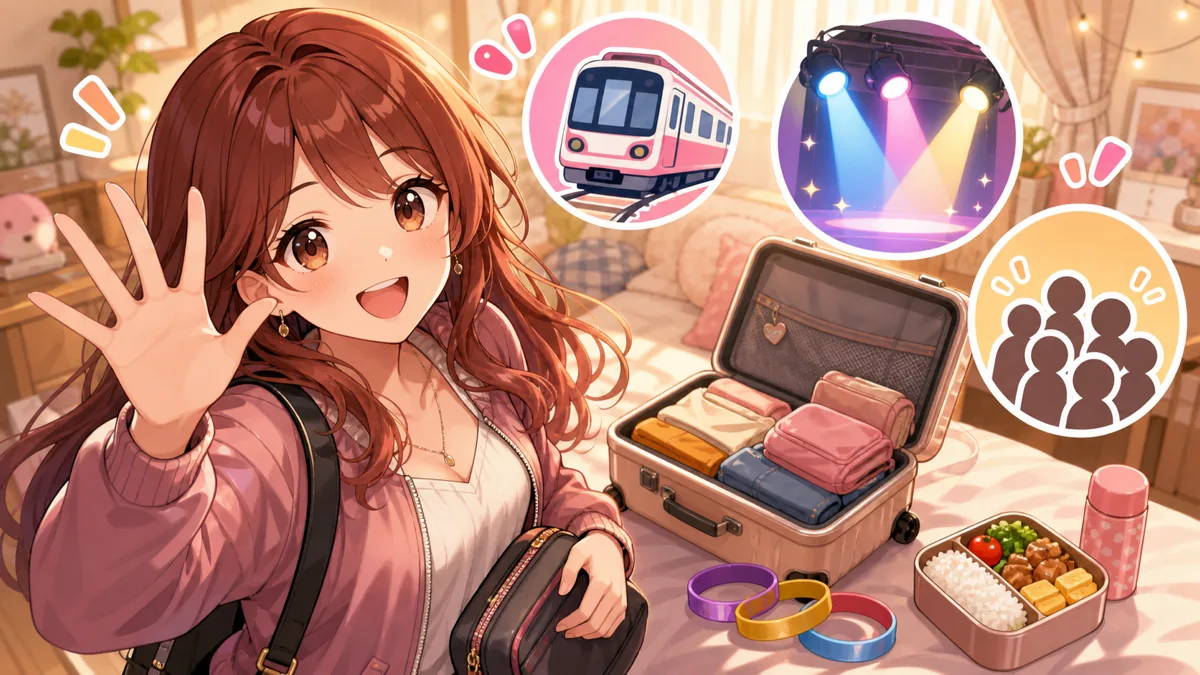 イベント前の予定表と小さな荷物を前にわくわくするオリジナル女性キャラクターのイメージ