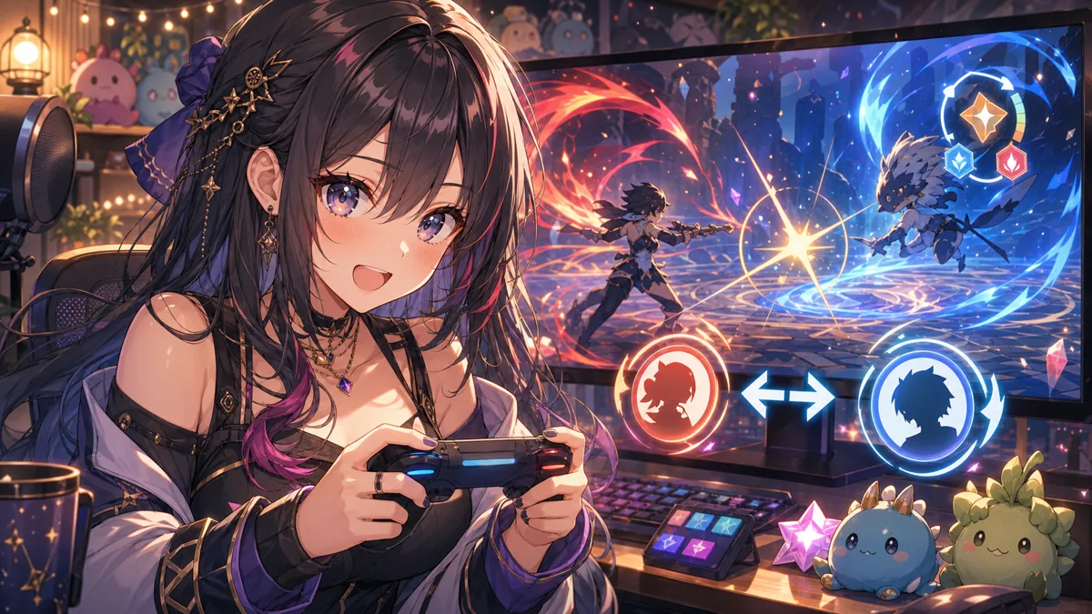 クイックスイッチとジャスト回避を明るい配信画面で試すオリジナル女性キャラクターのイメージ