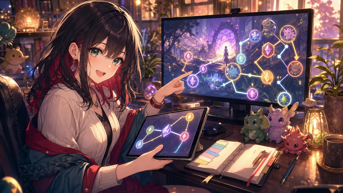 抽象的なリンクノードを表示したモニターとタブレットを見ながら整理する女性キャラクターのイメージ