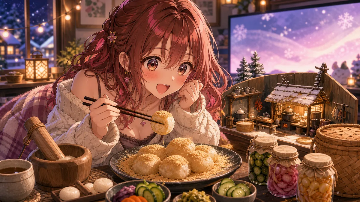 餅つきと保存食の場面を見ながら夜食が食べたくなるオリジナル女性キャラクターのイメージ