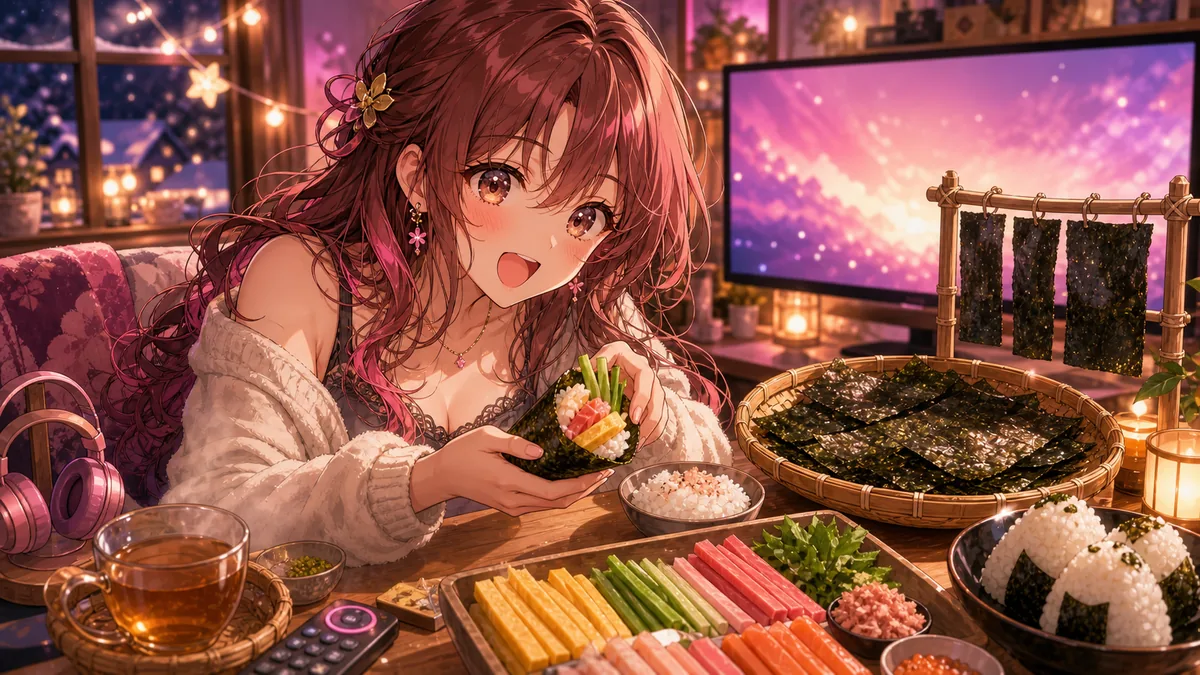 海苔づくりと手巻き寿司を見て夜の配信部屋でお腹を空かせるオリジナル女性キャラクターのイメージ