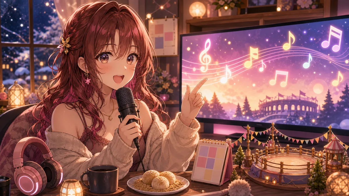エンディング曲と次回武闘会の予告を見届けながら配信後半の予定を整理するオリジナル女性キャラクターのイメージ