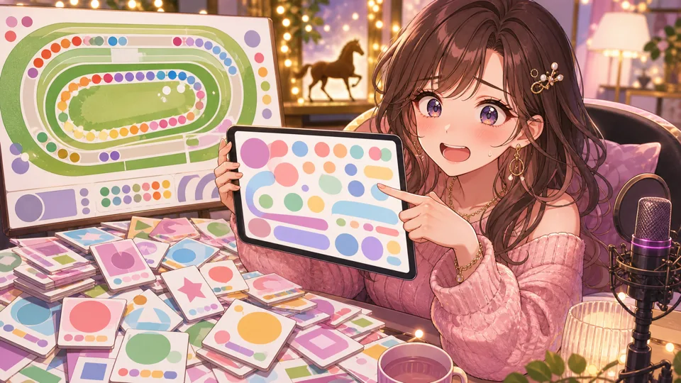 文字量の多い競馬メモを前に皐月賞予想へ入るオリジナル女性キャラクターのイメージ