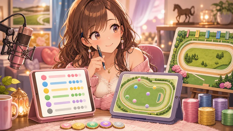 人気表と直近成績を見比べながら買い方を考えるオリジナル女性キャラクターのイメージ