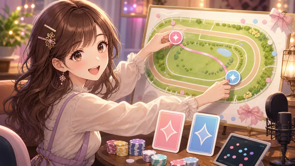 ロブチェンとリアライズシリウスの買い目メモを整理するオリジナル女性キャラクターのイメージ