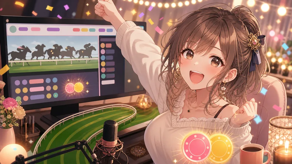 中継を探す配信画面と的中確認で喜ぶオリジナル女性キャラクターのイメージ