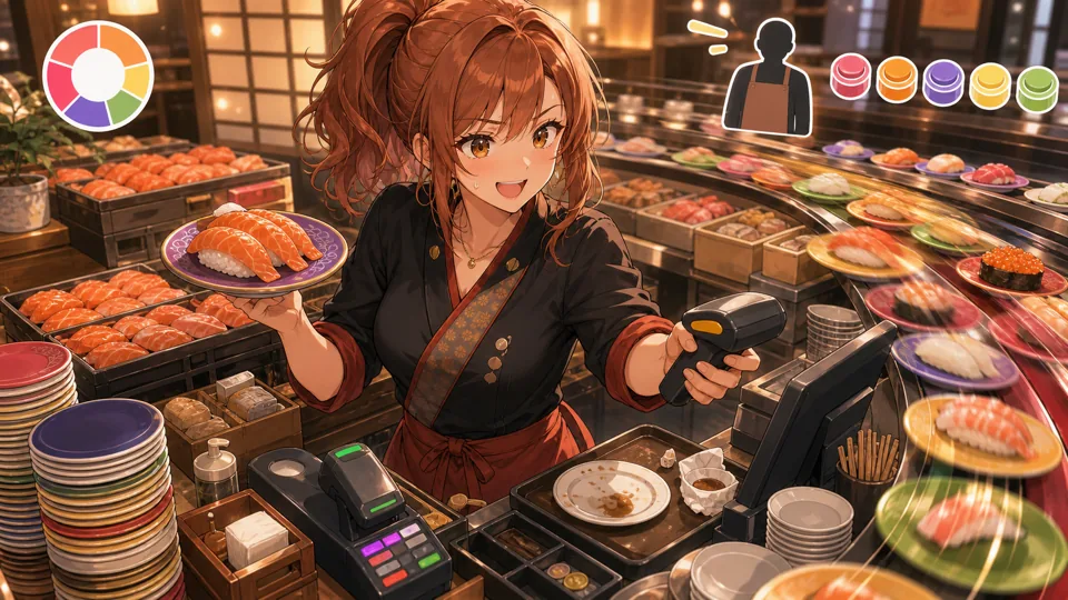ワンオペ寿司店で皿と会計に追われるオリジナルキャラクターのサムネイル