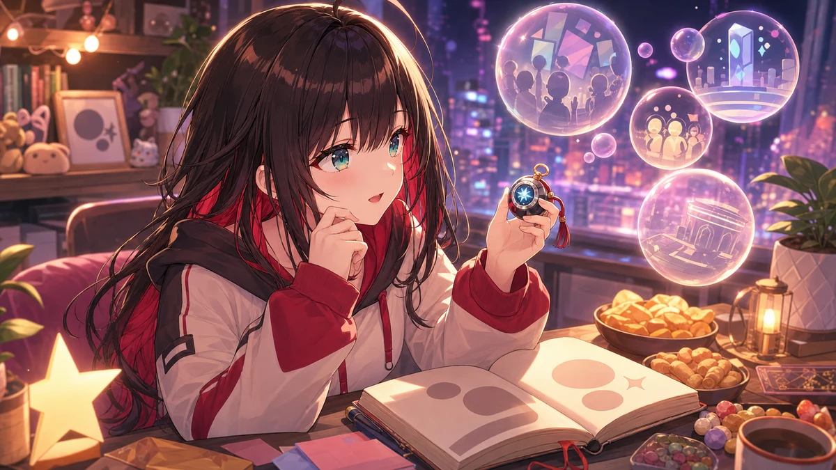 近未来の配信部屋でゲーム画面の事件メモと小さなストラップを見比べる女性キャラクターのイメージ