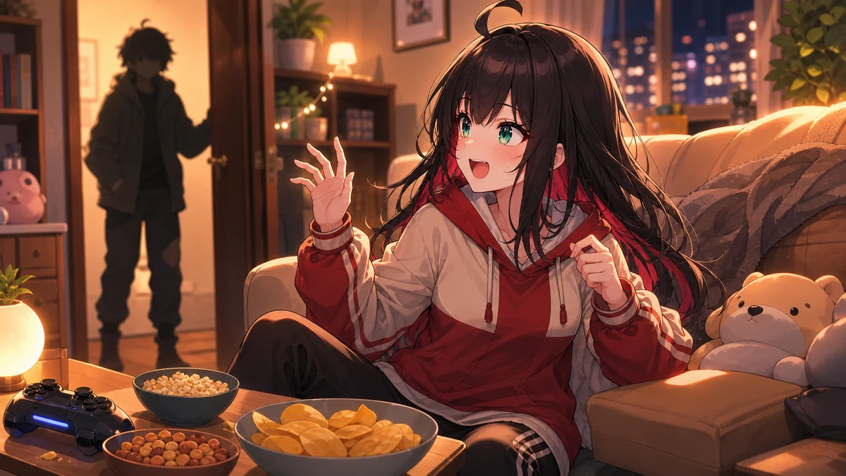 散らかった明るい部屋で大量のお菓子とゲーム小物に驚く女性キャラクターのイメージ