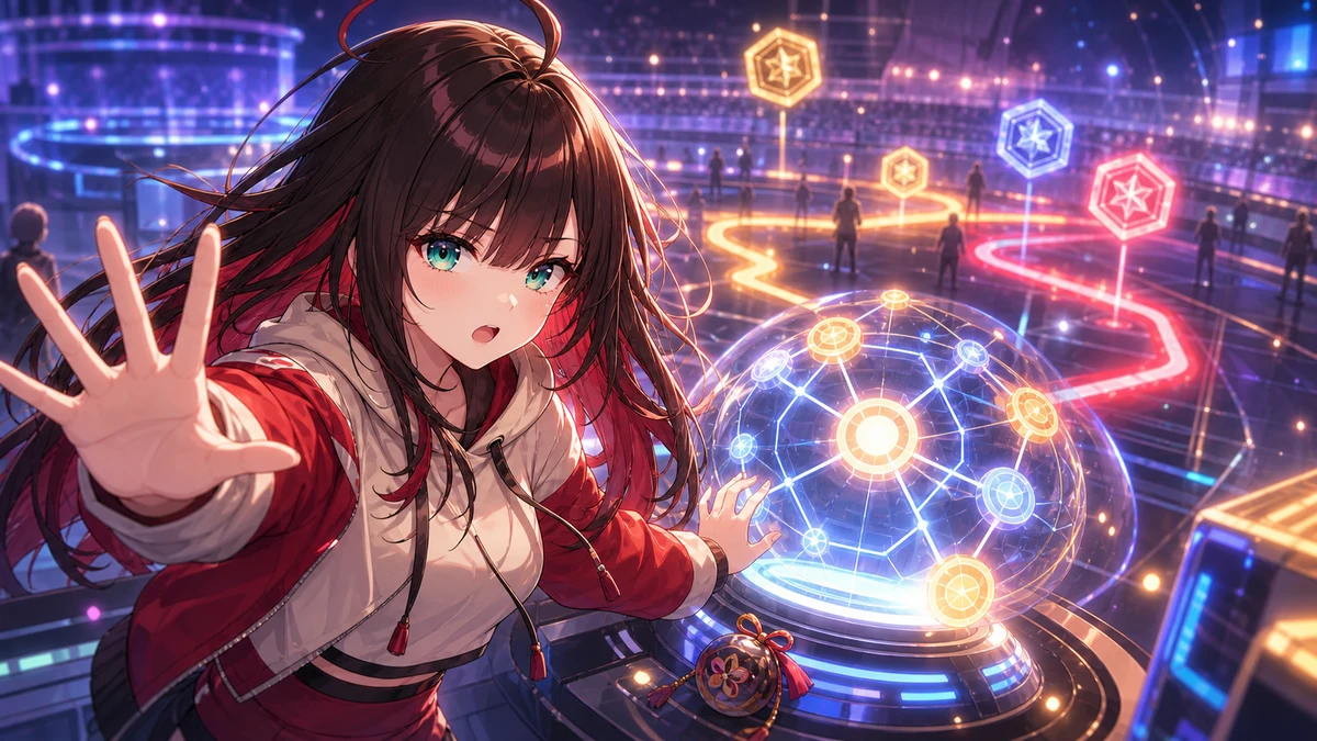 近未来の大会会場で光るルート端末と警告表示を前に立つ女性キャラクターのイメージ