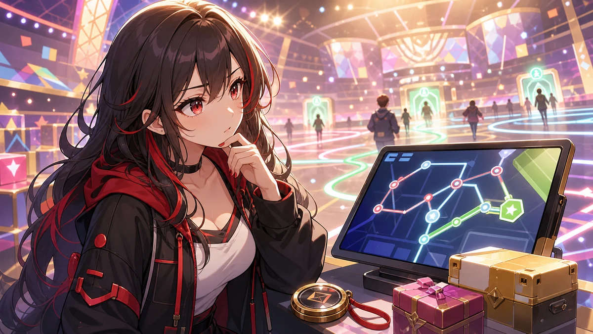 明るい大会ステージでルート端末と賞品箱を前に考え込む女性キャラクターのイメージ