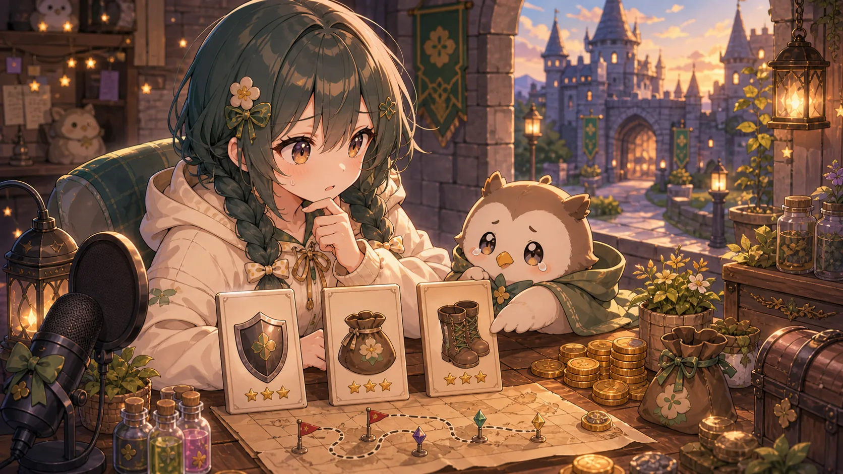城門を眺めながら装備カードとコインを前に悩む緑髪のオリジナルキャラクターのイメージ
