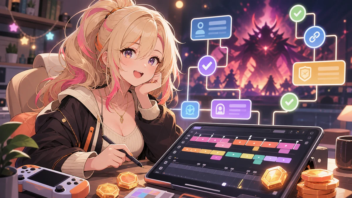 配信チャプターと公式リンクを見ながら長編アーカイブを確認するオリジナル女性キャラクターのイメージ