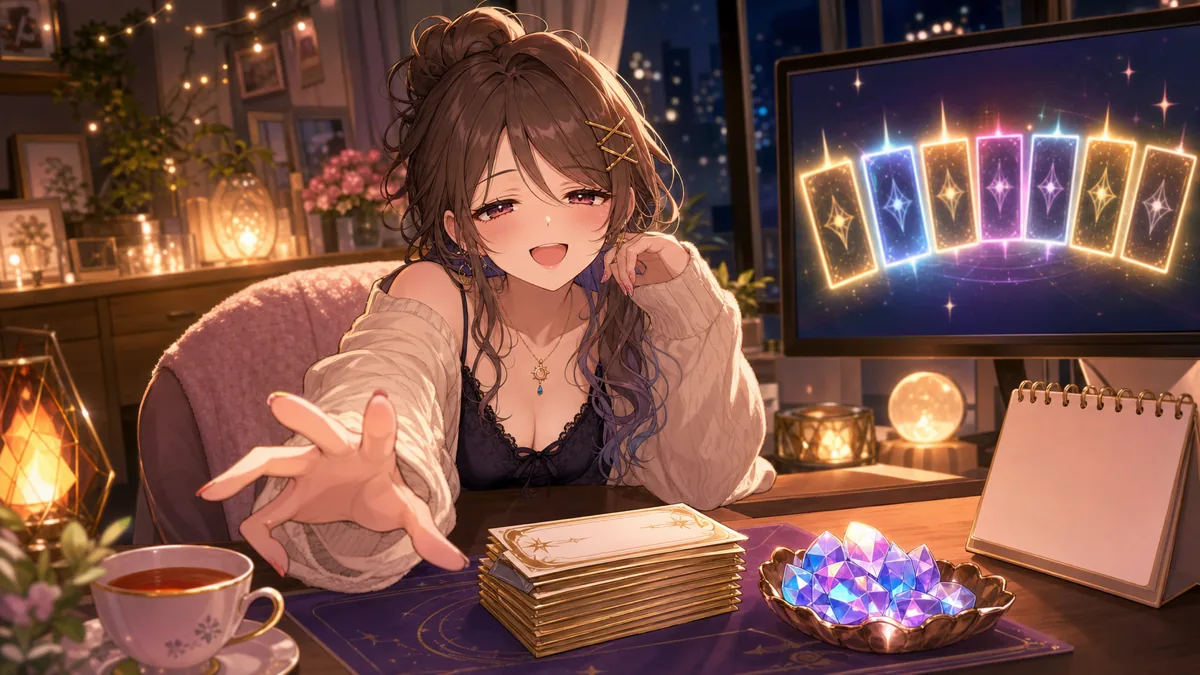 寝起きの配信者風オリジナル女性キャラクターが明るい配信部屋でガチャ前の準備をするイメージ