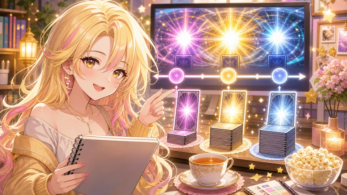カード束と配信メモを並べた明るい配信机でオリジナル女性キャラクターが振り返るイメージ