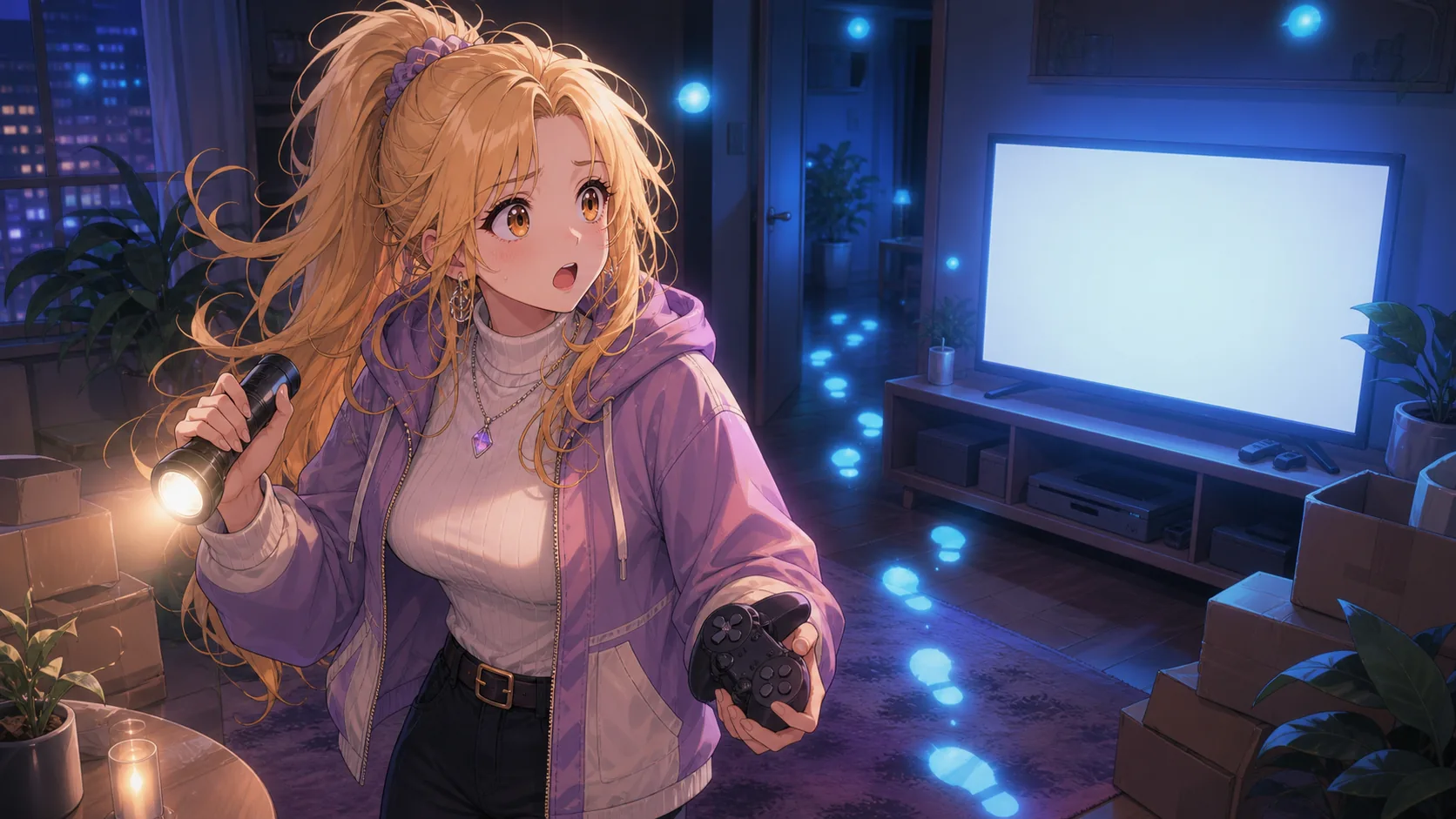 青い光とテレビの謎を追うオリジナル女性キャラクターのイメージ