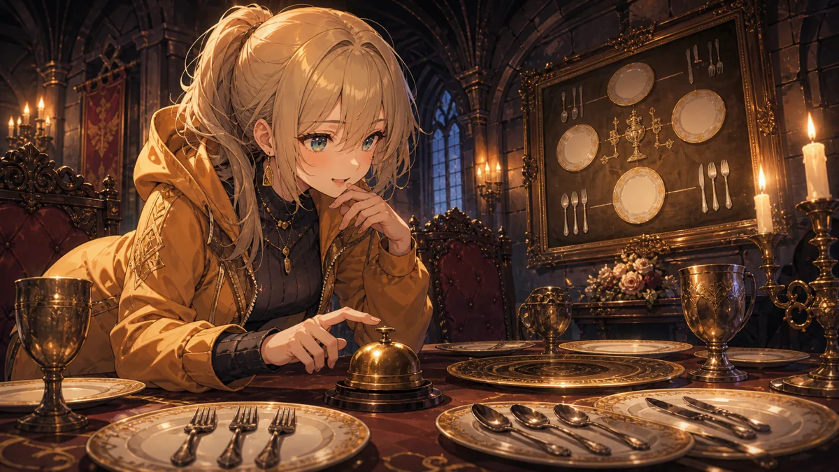 古城の食堂で、皿とカトラリーの謎解きを前にベルへ手を伸ばす成人風のオリジナルキャラクター