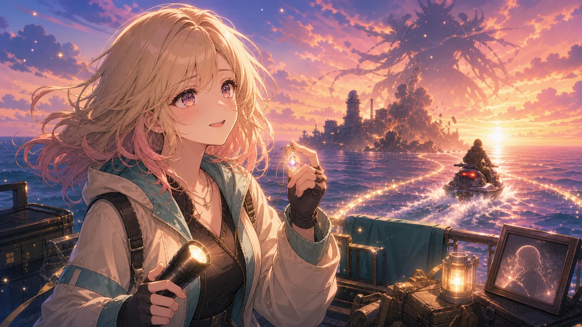 崩れる島から水上バイクで脱出し、朝の海を見つめる成人風のオリジナル女性キャラクター