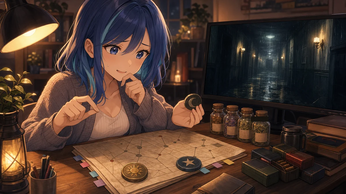 ホラーゲーム配信の流れをメモと小物で整理する女性配信者のイメージ