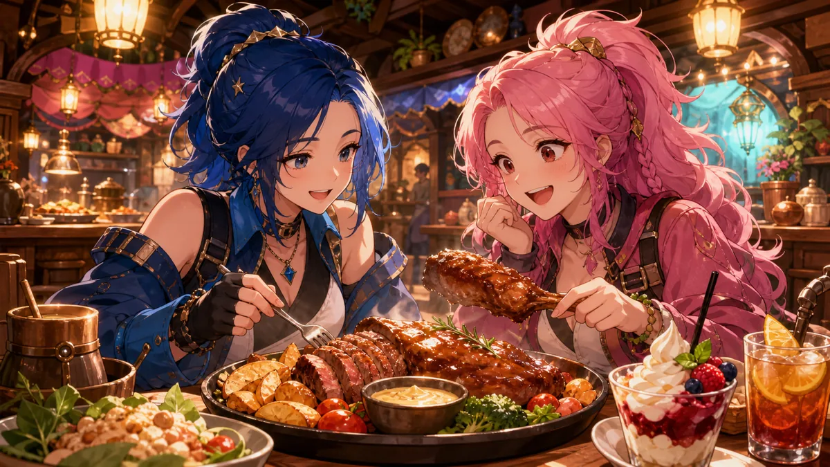 テーマパークの限定フードを分け合うオリジナル女性二人組